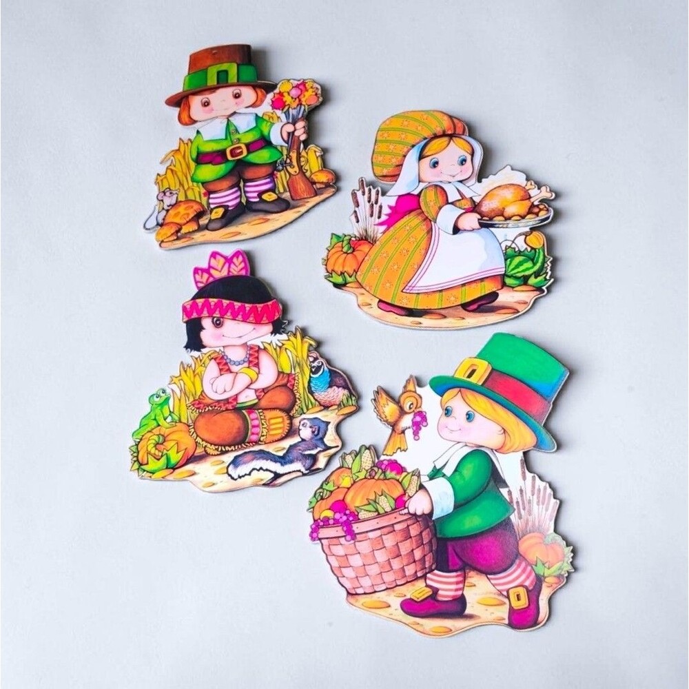 Vintage 1978 Beistle Thanksgiving Die Cut Set of 4 Pilgrim Harvest Cardboard